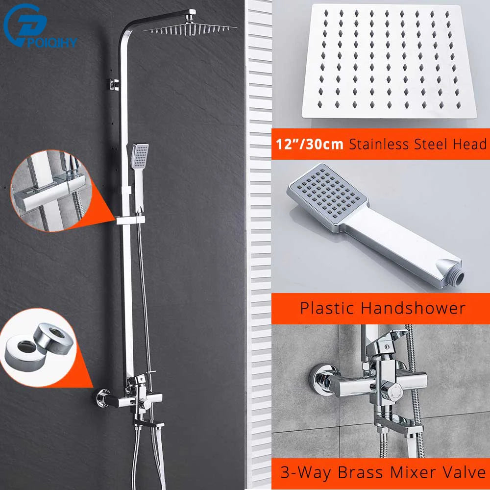 POIQIHY Black Bathroom Shower Faucet Set Wall Mount Black 8''Rainfall Shower Head With Handheld Sprayer Bathtub Shower Mixer