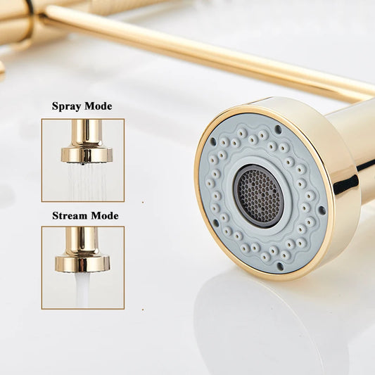 Golden Kitchen Faucet Pull Down Sprayer Nozzle Hot Cold Water Mixer Tap Single Handle Brass Para Kitchen Sink Taps Crane
