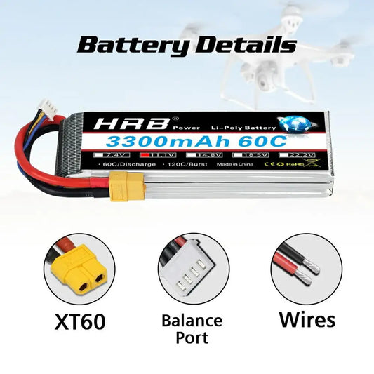 HRB Lipo Battery 3S 4S 6S 3300mAh 7.4V 11.1V 14.8V 18.5V 22.2V 60C 120C with EC5 XT60 connector For FPV Quadcopter Helicopter