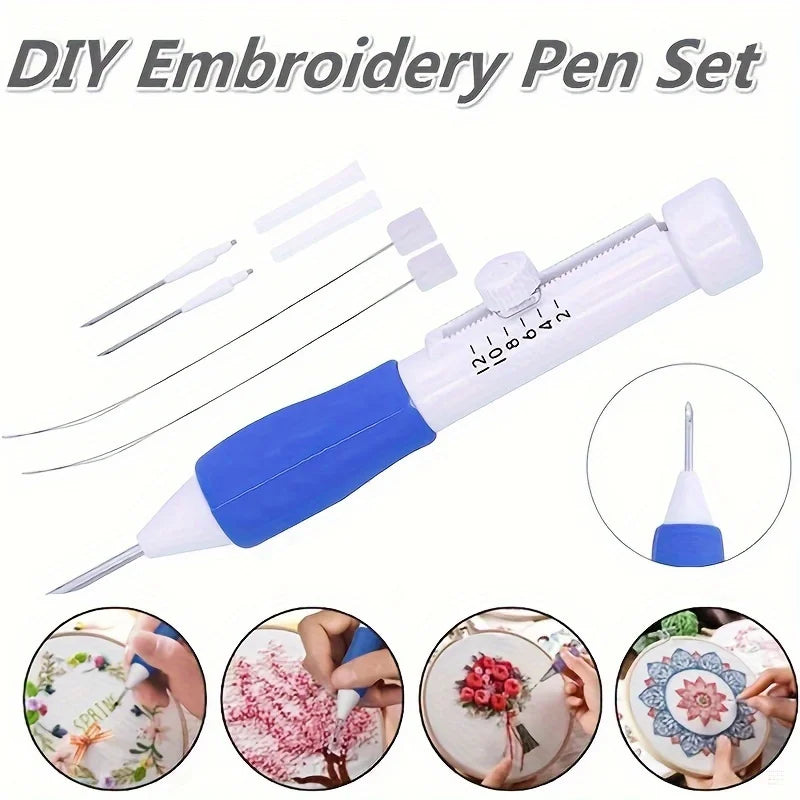 1PC Adjustable Magic Embroidery Pen Set with 3 Needles, Threader, Scissors, and Ergonomic Fabric Craft Design for DIY Sewing