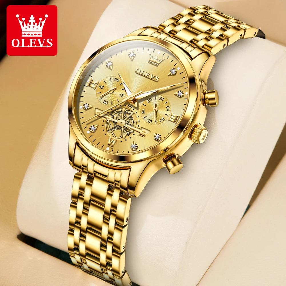 OLEVS Flywheel Skeleton Women Quartz Watch Stainless steel Chronograph Waterproof Luminous Ladies Bracelet Watch for Women Set