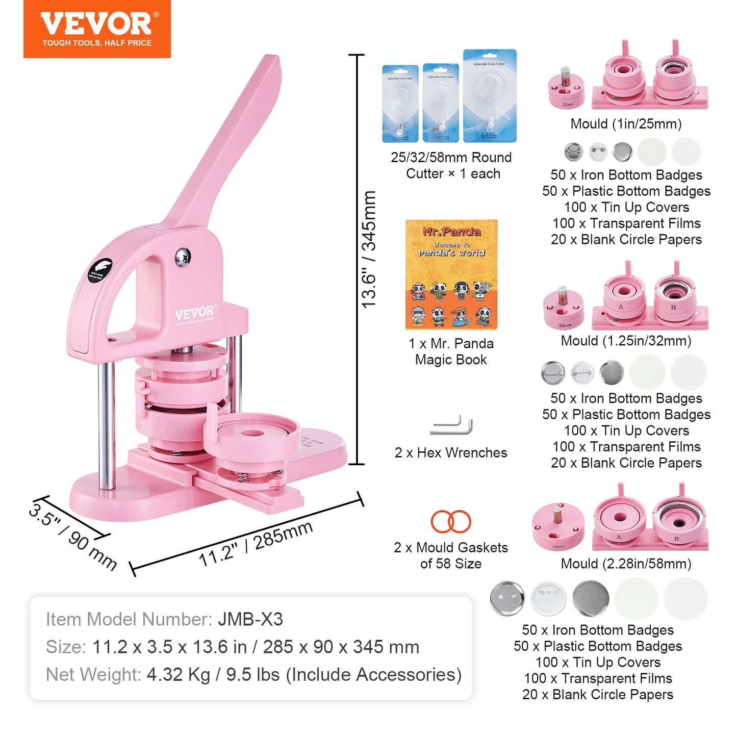 SucceBuy 3-IN-1 Button Maker Button Maker Machine with Panda Magic Book Ergonomic Arc Handle Punch Press Kit