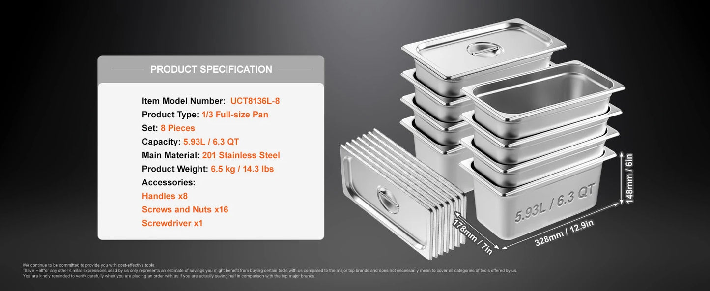 SucceBuy 8 Pack Buffet Chafing Dishes 5.93L Gastronorm Pans Steam Table Pans Tray with Lid 6-Inch Deep Catering Food Pan