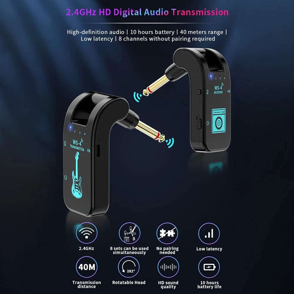 2.4G Wireless Rechargeable Guitar Transmitter Receiver System for Electric Guitar Bass Wind Instruments Plug and Play 48K/16bit