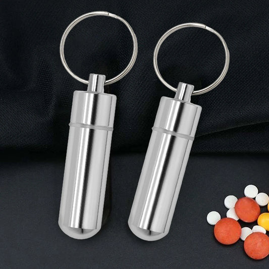 Keychain Pill Box Case Bottle Portable Waterproof Elderly First Aid Pill Case Aluminum Alloy for Outdoor Travel Camping