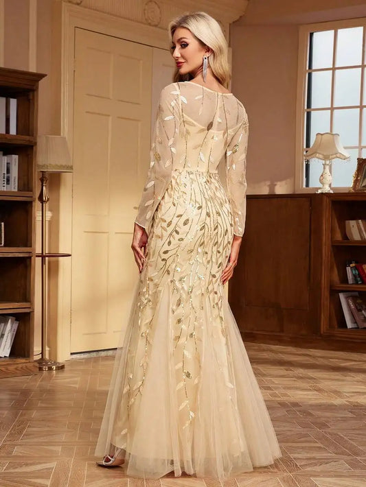 Elegant Gold Sequin Embroidered Mesh Mermaid Evening Dress for Prom Wedding Guest