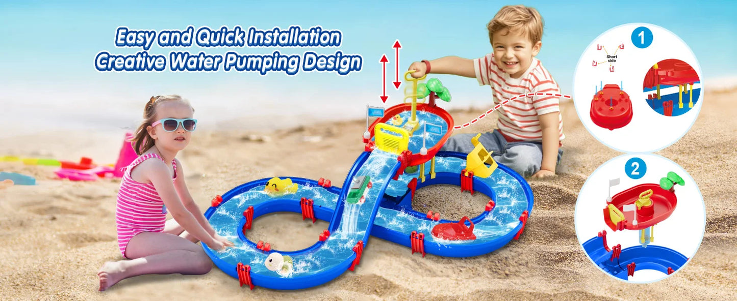 VATOS Summer Outdoor Kids Water Table 2-Tier Toddlers Water Table Playset Pool Waterway Toy with Pump Outside Activity Kids Fun