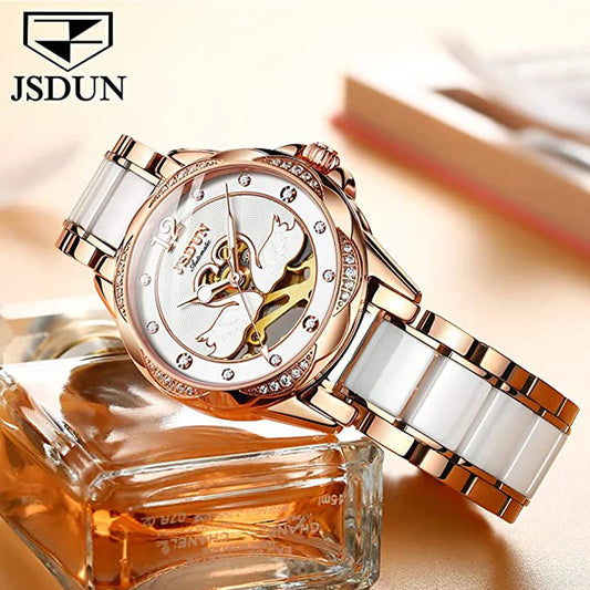 Luxury Mechanical Women Watch Love Swan Design Skeleton Elegant Ceramics Strap Waterproof Ladies Wristwatch Girls Dress Watch