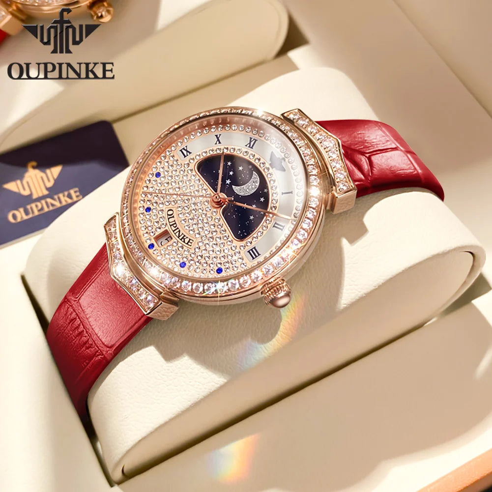 OUPINKE 3216 Woman Watch Waterproof Roman Scale Moon Phase Quartz Watch For Women Luxury Original Diamond Date Ladies Hand Clock