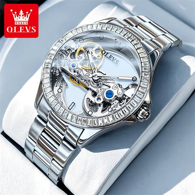 OLEVS 6699 Fully Hollowed Mechanical Watch for Women Luxury Elegant Diamond Bezel Ladies Wristwatch Top Automatic Women's Watch