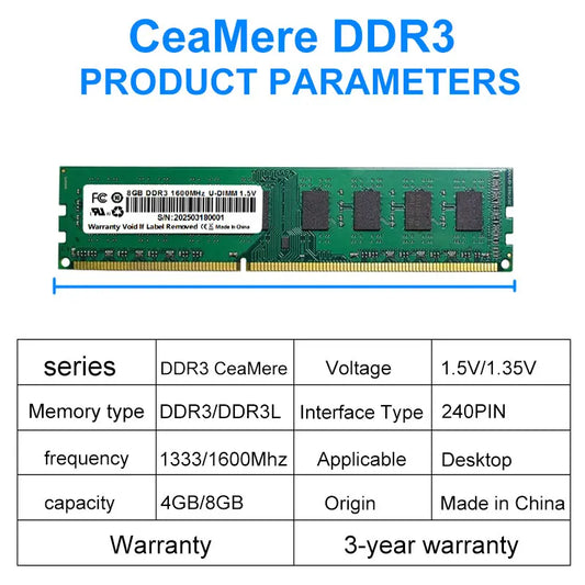 CeaMere DDR3 1~50 PCS Desktop Memory, 4GB/8GB, 1333MHz/1600MHz, PC Memory Module, 240PIN, 1.35V/1.5V, Wholesale Universal Memory