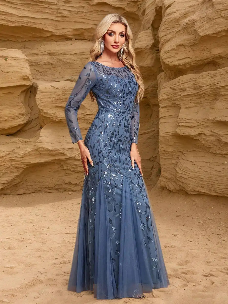 Elegant Gold Sequin Embroidered Mesh Mermaid Evening Dress for Prom Wedding Guest