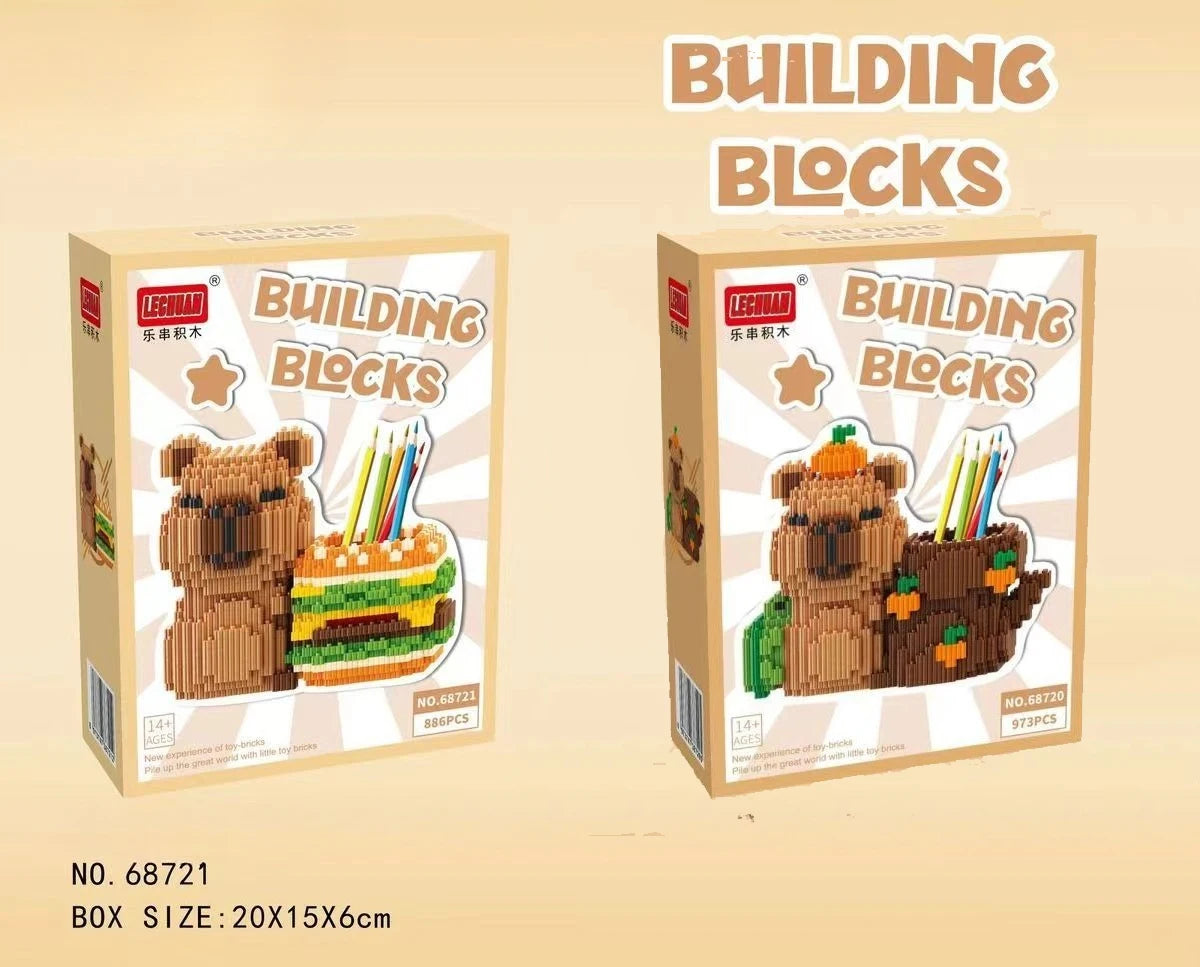 Capybara Building Block Pen Holder Panda Desk Organizer for Office Supplies Cosmetics Birthday Gift Desktop Decoration