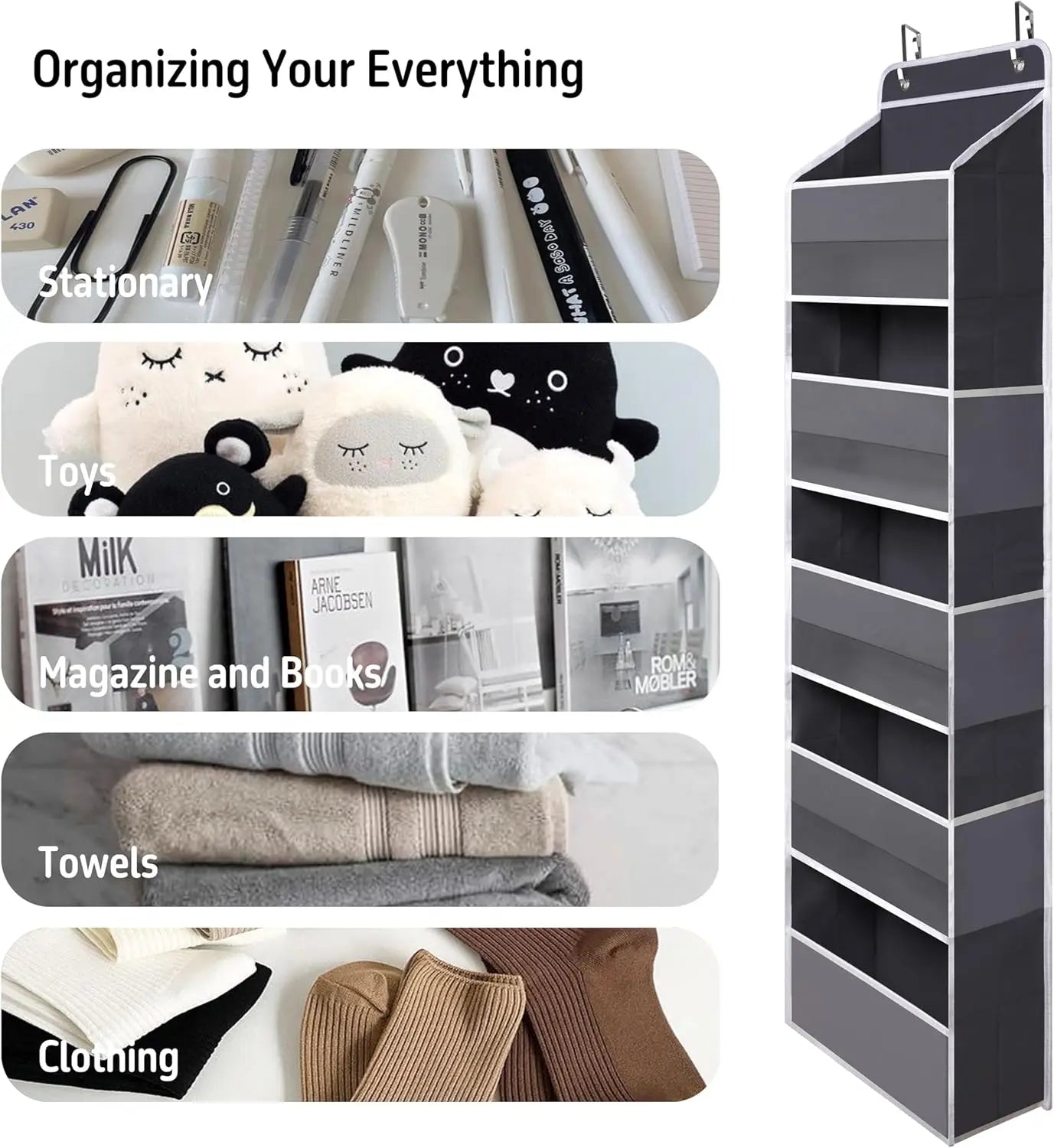 Over Door Organizer with 5 Large Pockets, Heavy Duty Hanging Organizer Storage, Closet Bathroom Nursery Bedroom Dorm, Toys Co
