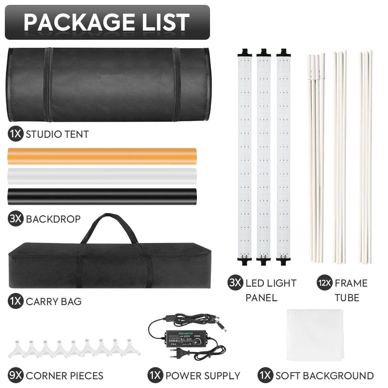 Light Box 80*80*80cm photography tent with 3 Dimming Lights Panel,photo box with black/white/yellow Backdrops for shooting
