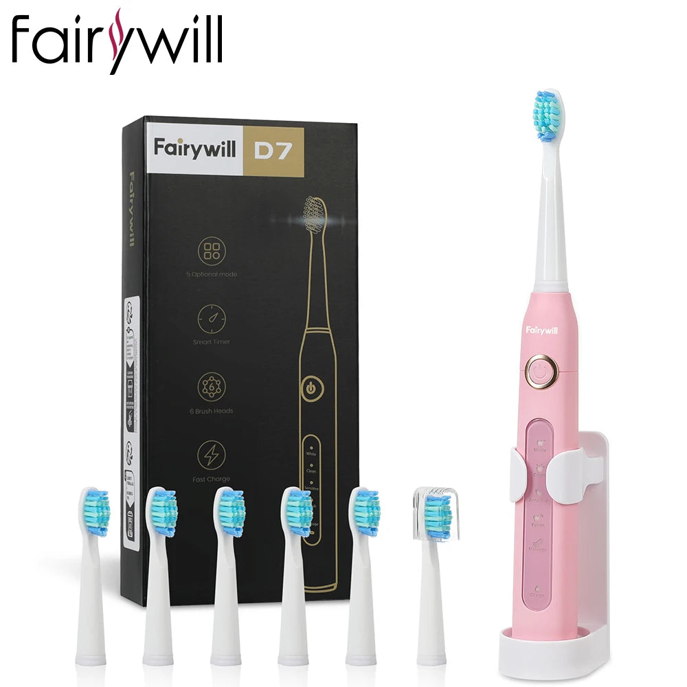 Fairywill Electric Sonic Toothbrush FW-D7 USB Charge Rechargeable Adult Waterproof Electronic Tooth Brushes Replacement Heads