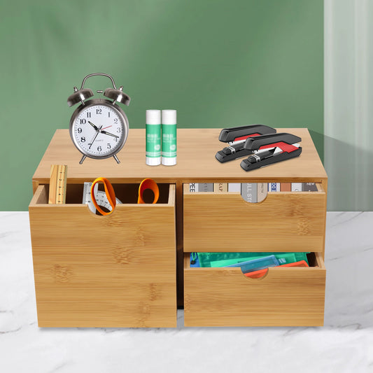 Bamboo Desk Drawer Organizer Tabletop Storage Cabinet Corner Desk Organizer W/3 Drawers for Home Office Supplies,33*19*16cm
