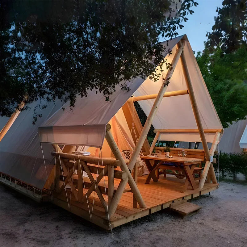 Triangle Design Glamping House Wooden Frame 4 Season Camping Wind Resistant Shelter For Restaraunt Backyard Garden Resort Event