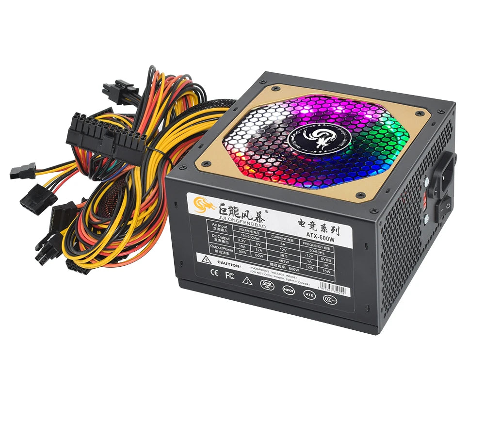 110/230V ATX 400W 600W RGB Colorful Silent Fan PSU 24Pin 12V Desktop E-Sports Video Game Computer Power Supply