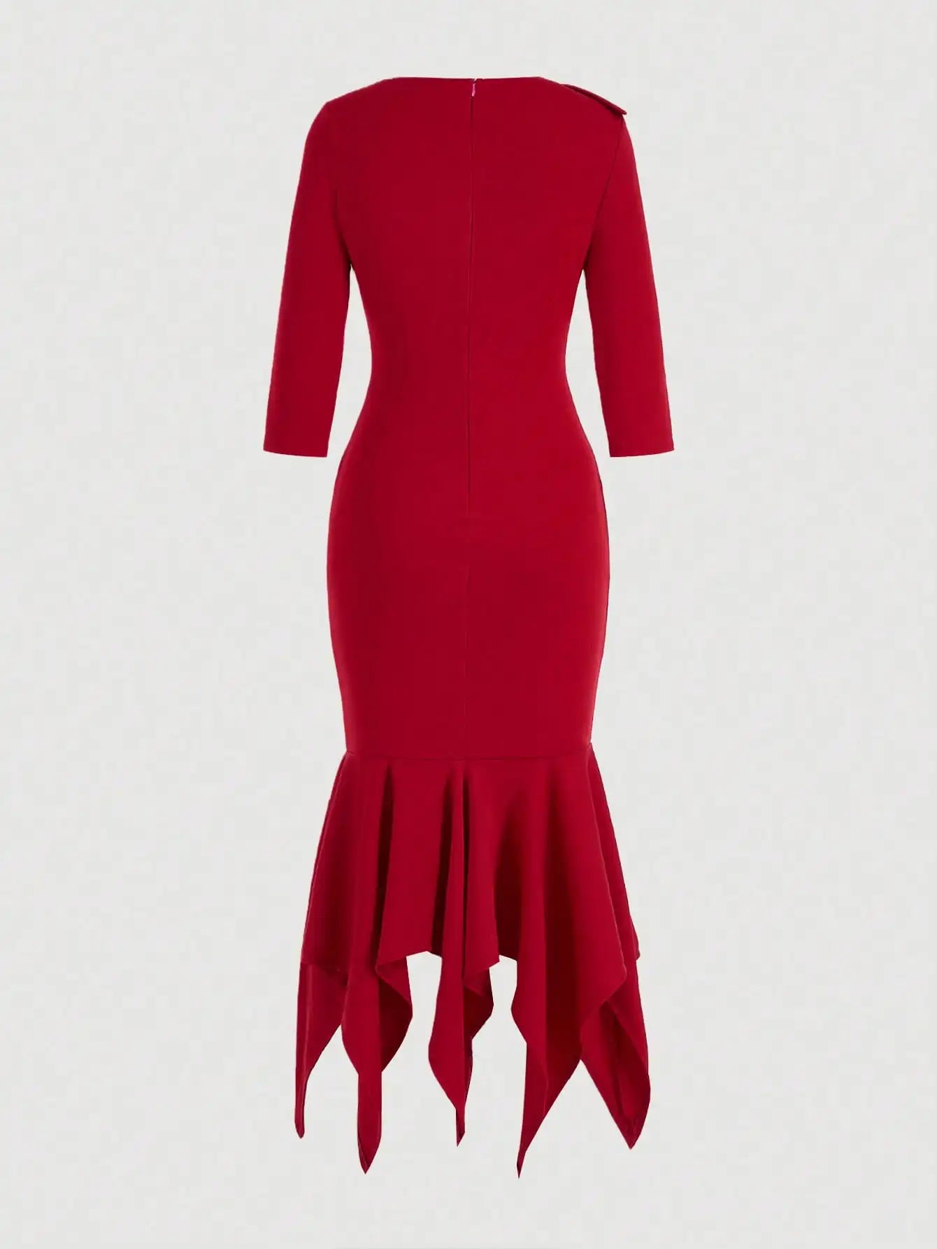 Women's Red Knit Bodycon Dress with Asymmetric Neckline, Rhinestone Detail & Ruffle Hem