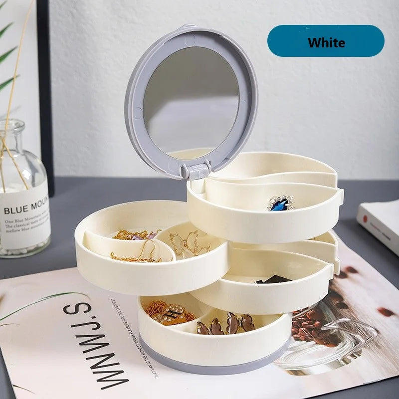 4 Layers Rotating Jewellery Storage Box Women Necklace Desk Organizer Earring Holder Travel with Lid for Ring Bracelet Storage