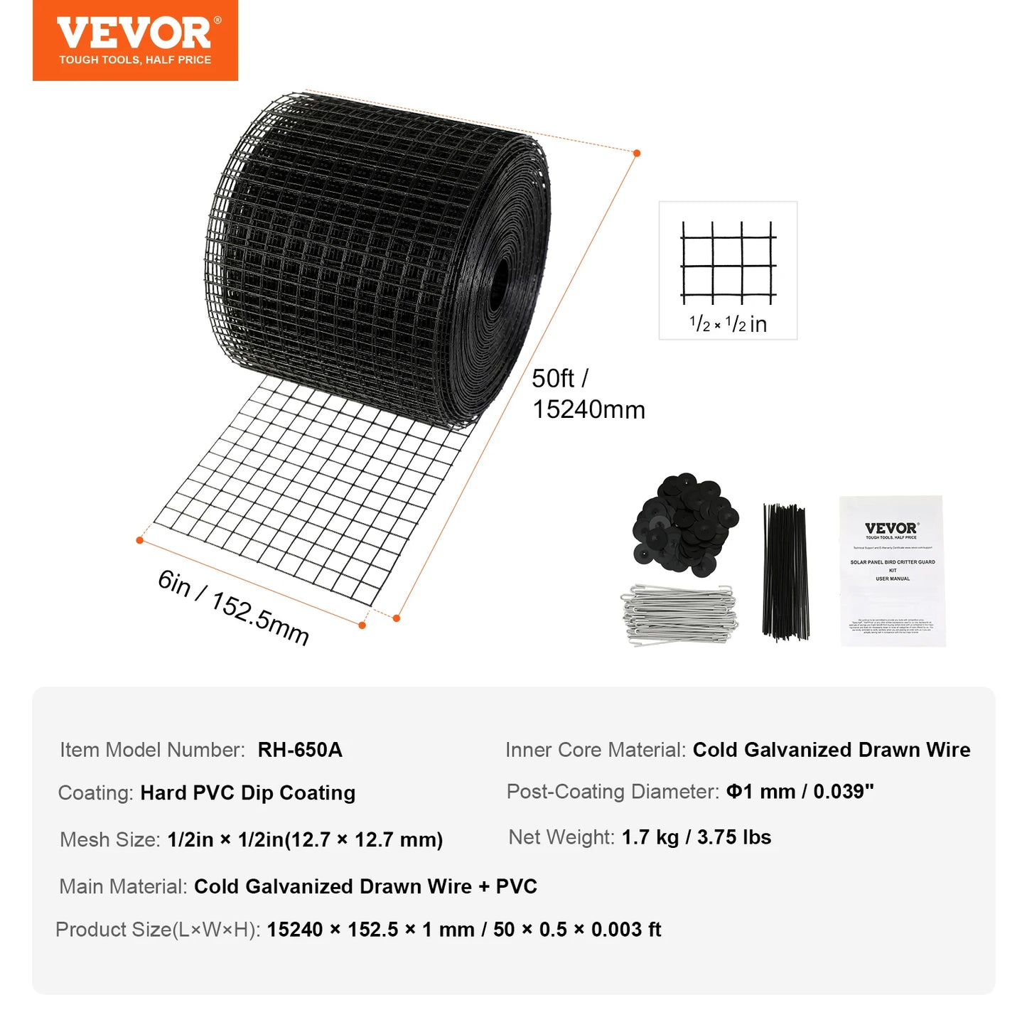 SucceBuy Solar Panel Bird Guard Critter Guard Roll Kit Stainless Steel Fasteners Solar Panel Rustproof PVC Coating WireRollMesh