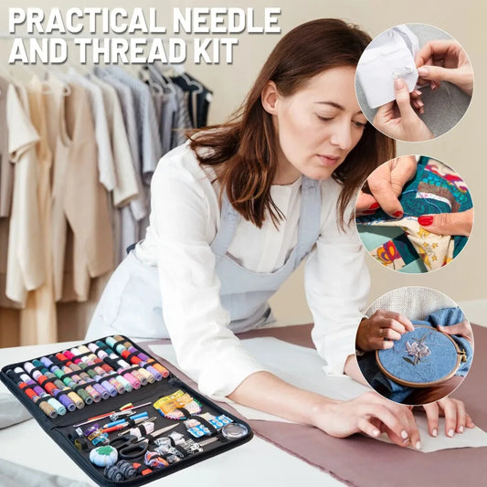 Complete Sewing Kit with Threads, Needles, Scissors & Tape Measure - Portable Travel DIY Embroidery & Handwork Tool Set