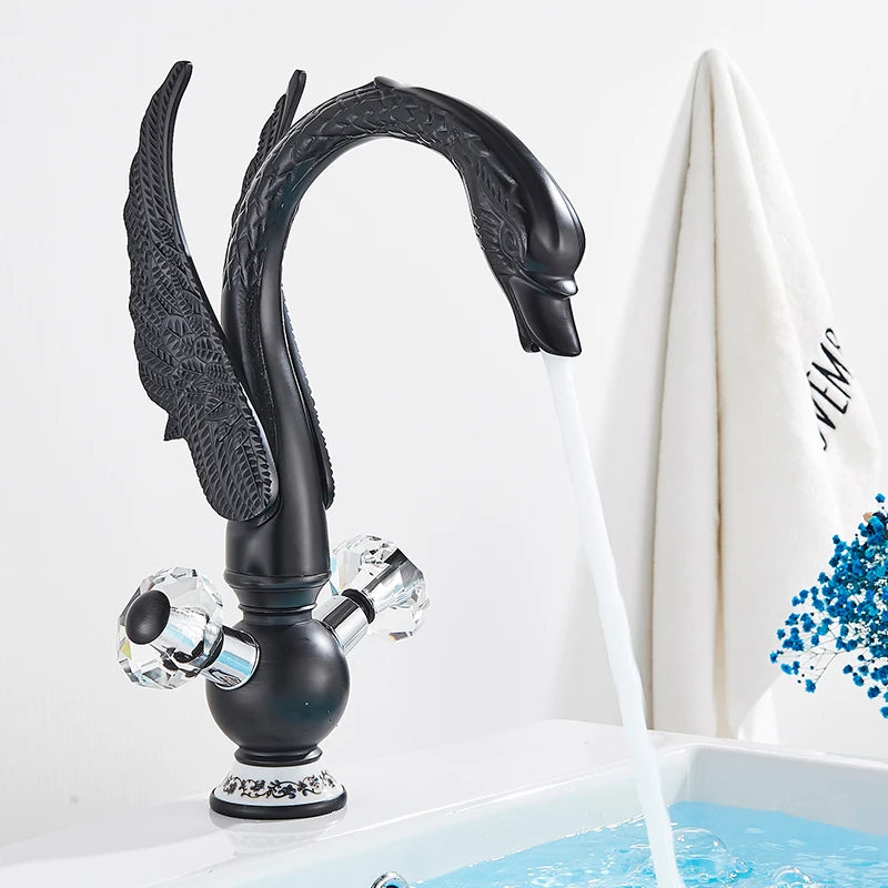 Brass Gold Black Swan Basin Faucet Deck Mounted Bathroom Faucet Hot and Cold Water Mixer Tap Bath Water Faucet Basin Faucet Taps