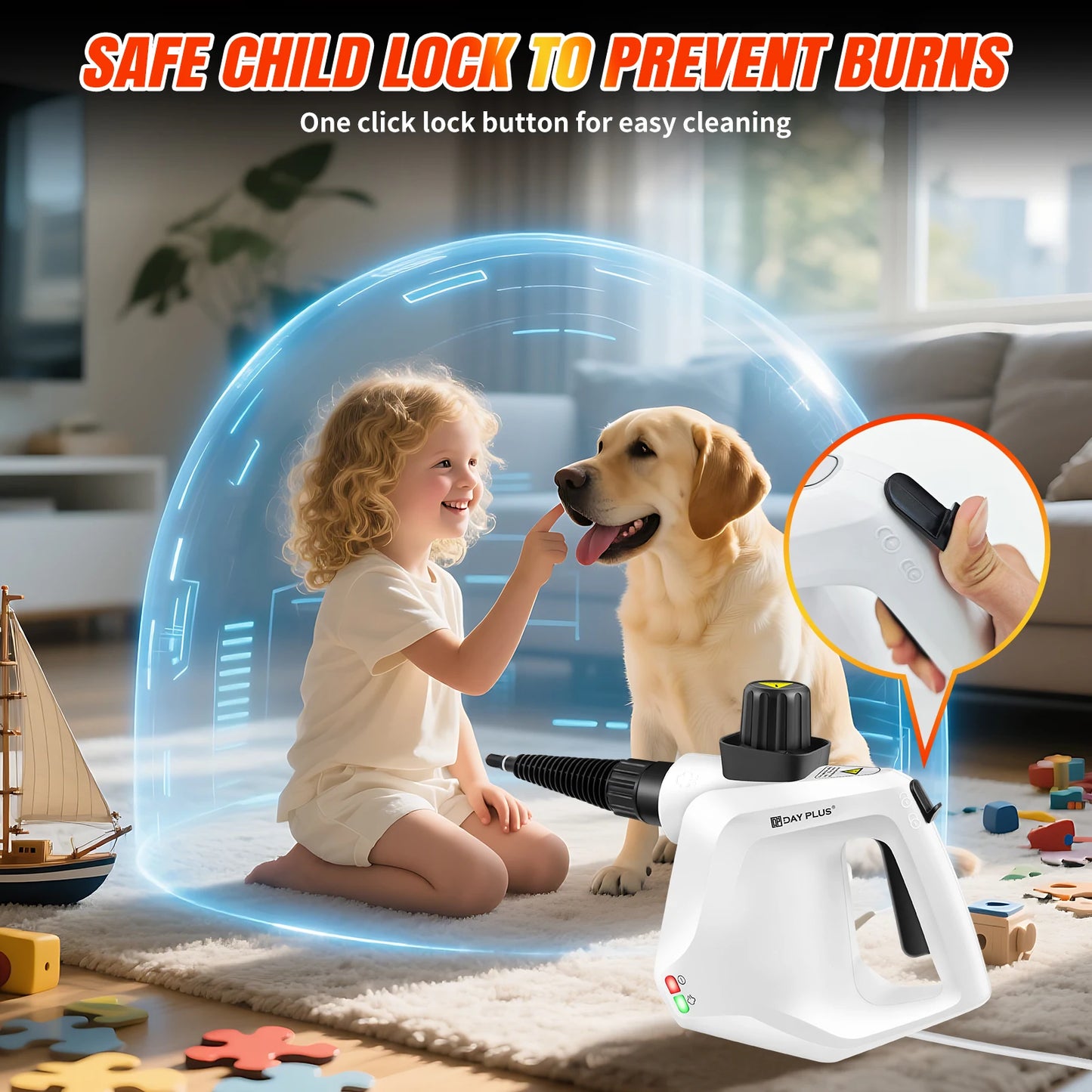 1000W High Pressure Steam Cleaner with 2.5m Power Cord, 7 Accessory Kit for Multi-Surface Stain Removal of Tile Window Carpets