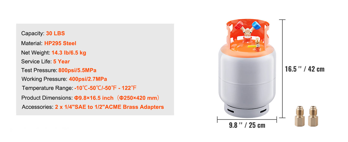 SucceBuy Refrigerant Recovery Tank 30 LBS Cylinder Tank 400 psi Refrigerant Recovery Reclaim with Y-Valve for Liquid/Vapor