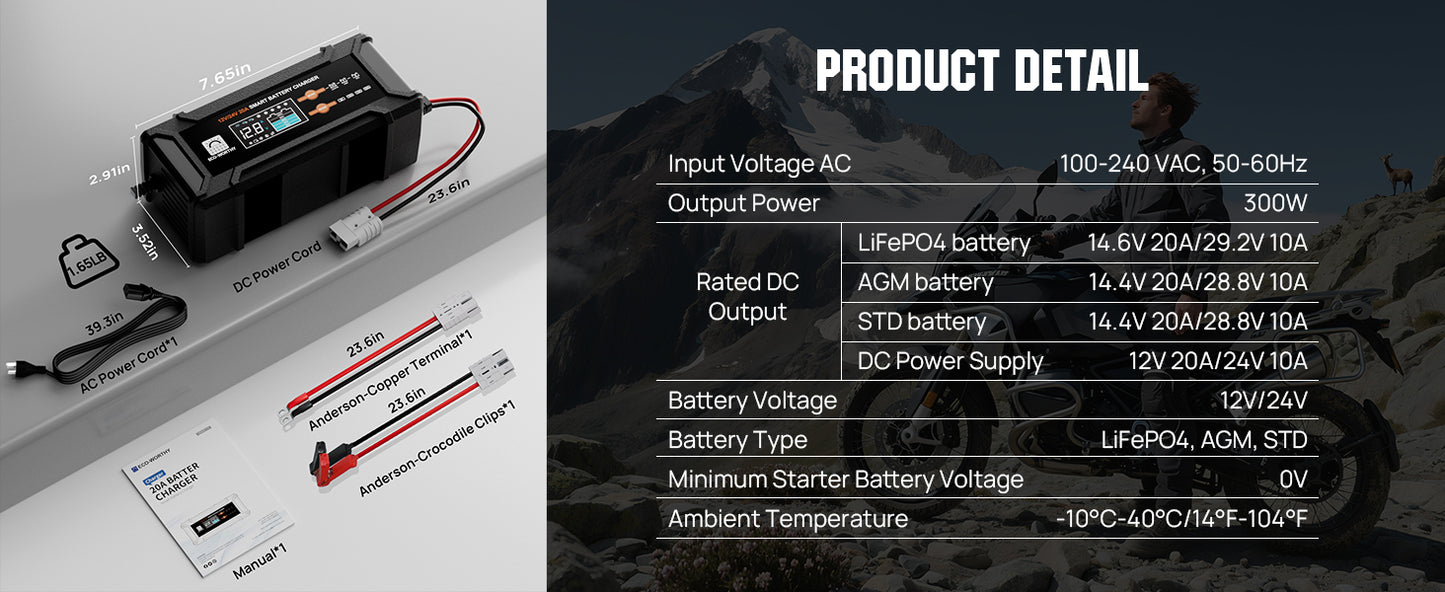 ECO-Worthy 12V/24V 20A Smart Battery Charger Maintainer, Auto Voltage Detect for LiFePO4 Lead-Acid with Multi-Current Options 5A