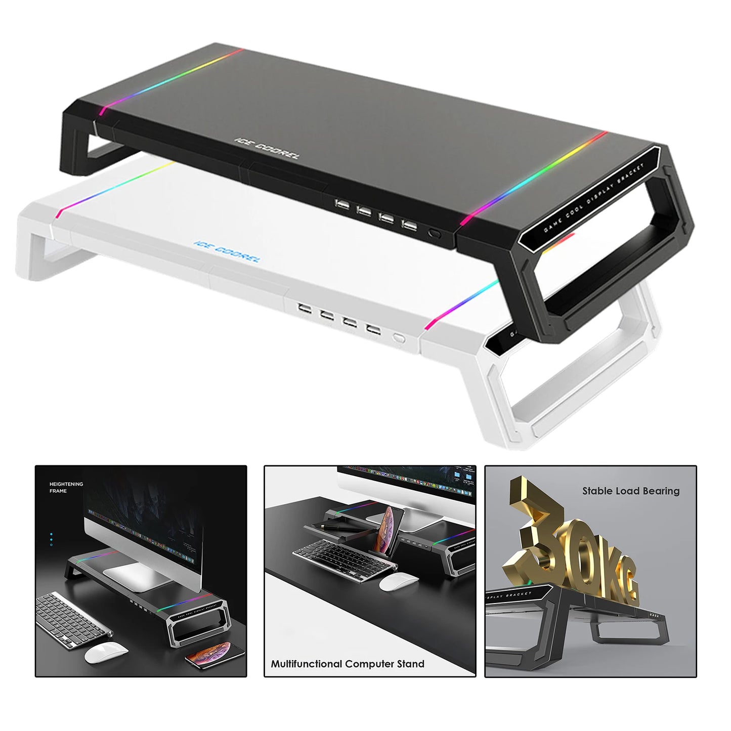Aluminum RGB Monitor Stand Riser Bracket with 4 USB Ports Desk Organizer All-In-One Computer Laptop Height Stand Holder