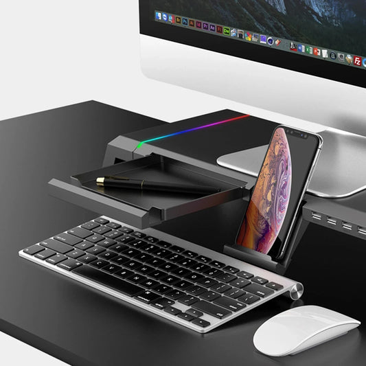 Aluminum RGB Monitor Stand Riser Bracket with 4 USB Ports Desk Organizer All-In-One Computer Laptop Height Stand Holder