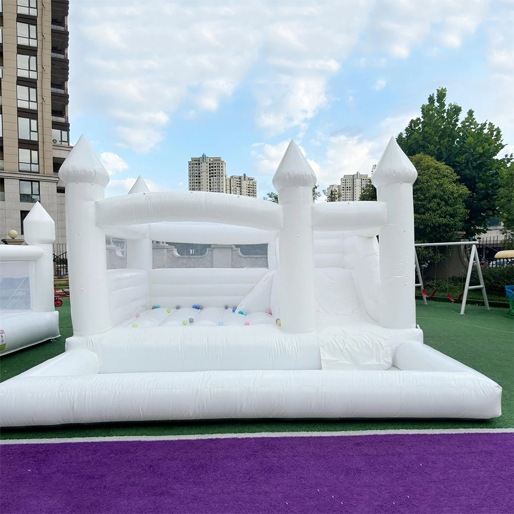 15FT PVC White Bounce House With Slide & Ball Pit, Large Jumper Bouncy Inflatable Castle For Wedding, Birthday, Party Decoration