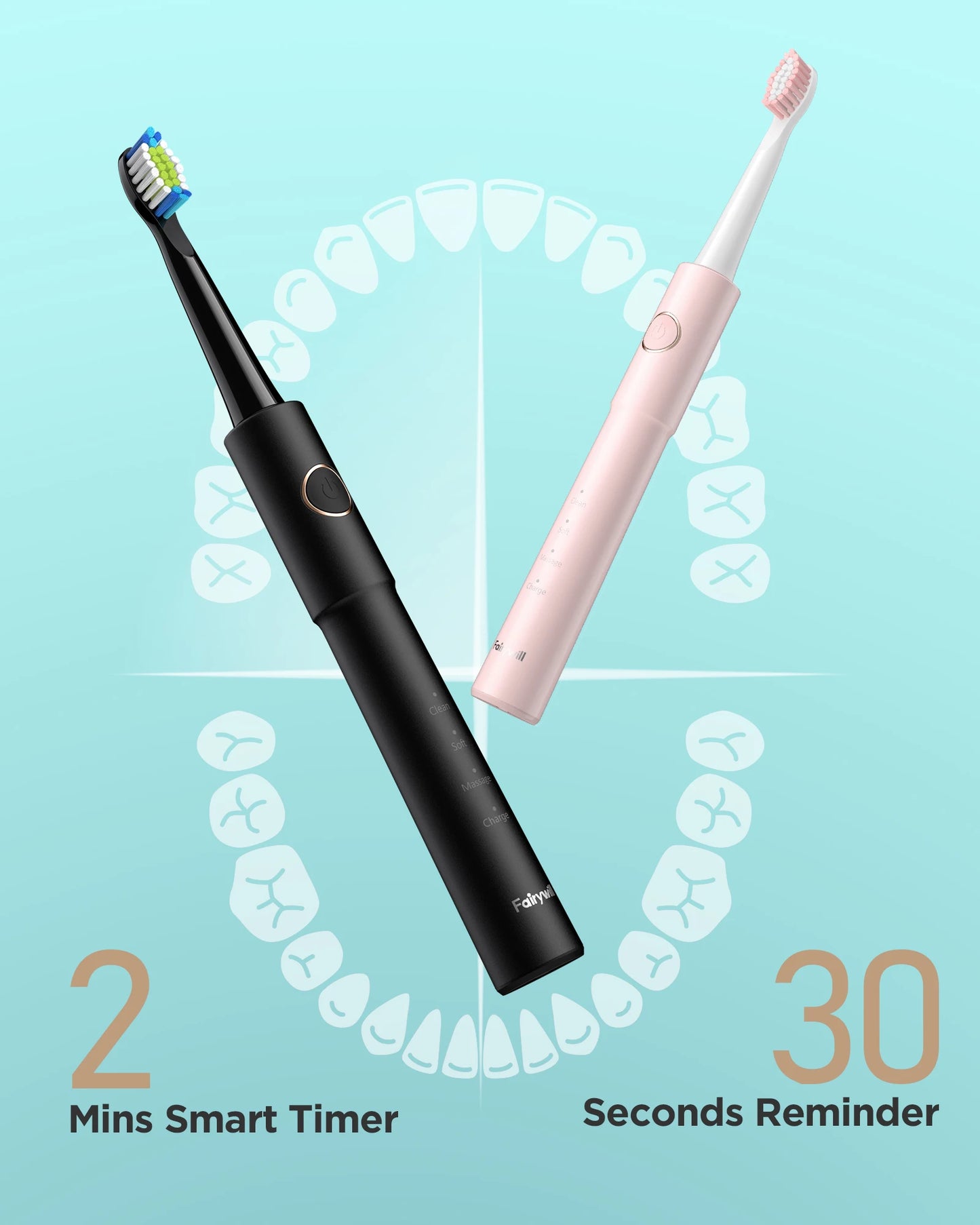 Fairywill Sonic Electric Toothbrush E11 Waterproof USB Charge With 8 Brush Replacement Heads Black and Pink Set for Couple