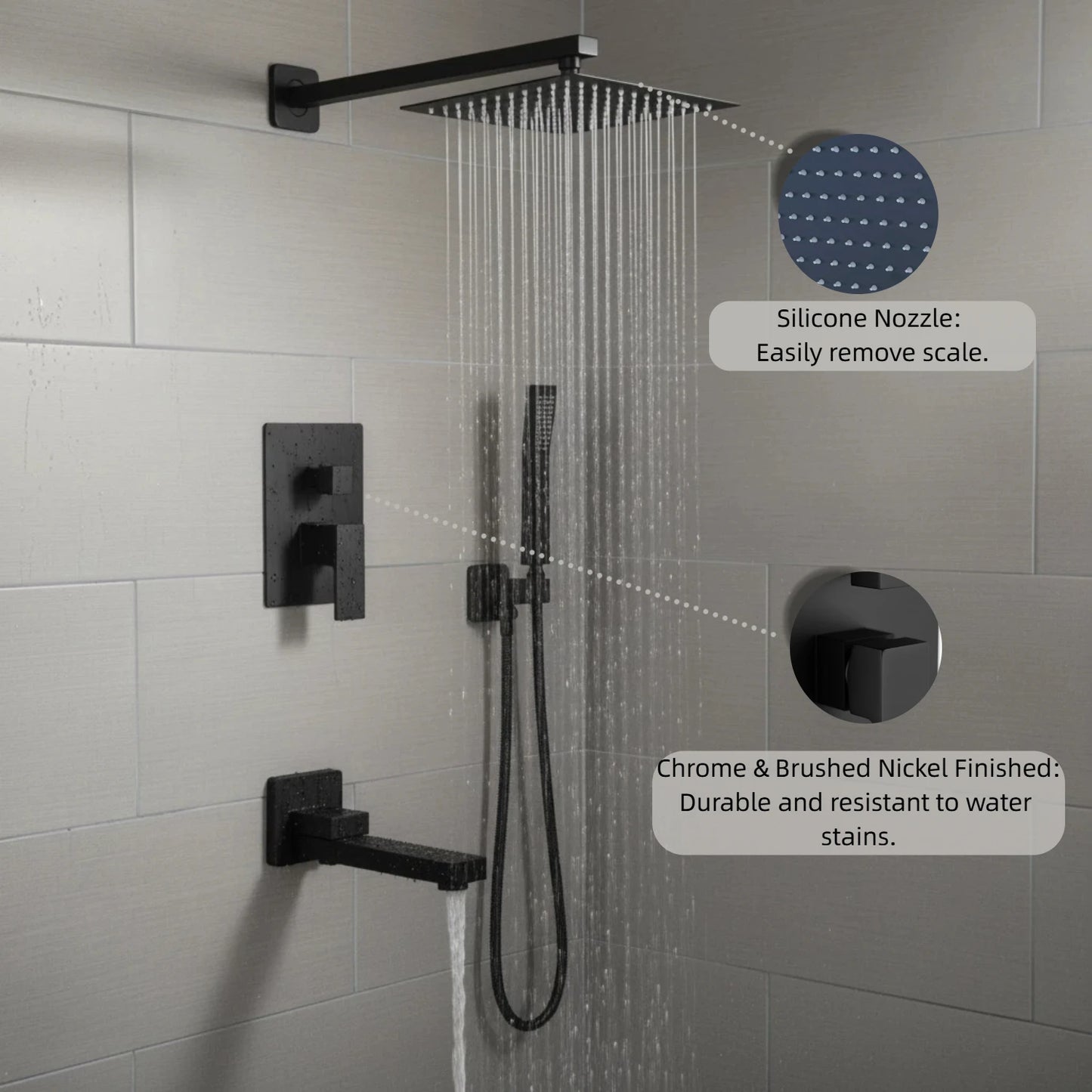 10" Rain Shower System with Tub Spout & Handheld, Matte Black Bathroom Faucet Set with Brass Valve