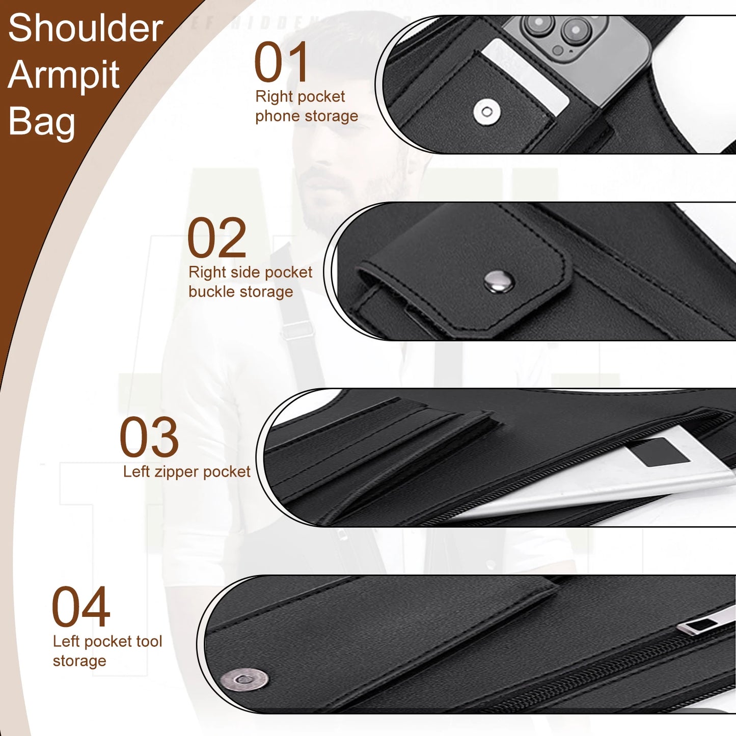 Double Shoulder Armpit Bag, Underarm Shoulder Bag, For Men Holster Bag Pu Leather Underarm Strap Wallet, Waterproof
