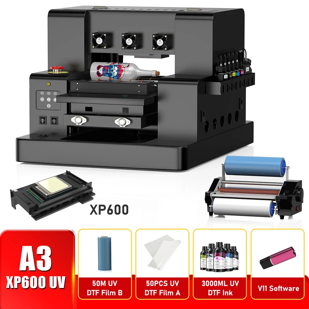 A3 UV DTF Printer For Epson XP600 Printer head A3 UV Printer for Acrylic Bottle Glass With Laminator machine uv sticker printer