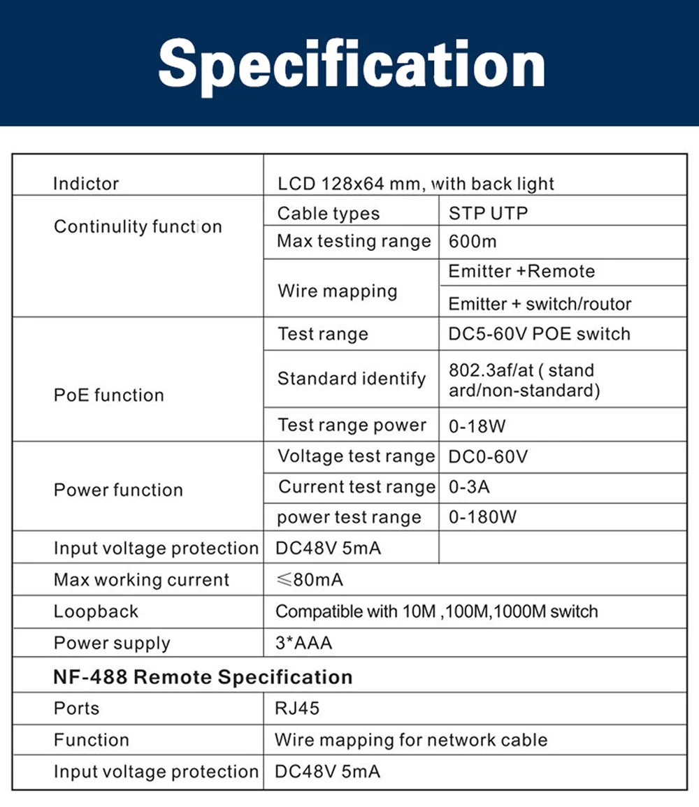 NOYAFA NF-488 Network Cable Tester PoE Switch Online Test PoE Voltage Polarity Cable Tracker Loop Test Tool with LCD Display