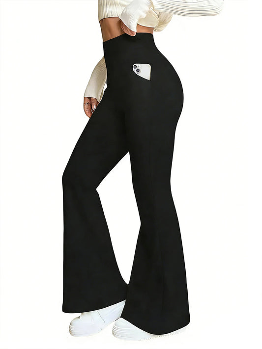 Women's Black High-Waisted Flared Pants - Soft Elastic Trousers with Pockets, Comfortable Fit, Elegant, Casual Wear no fleece
