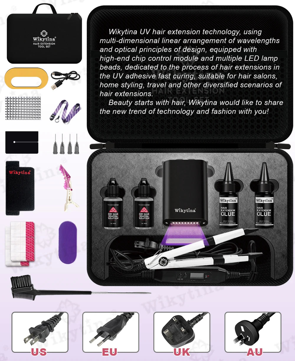 2026 UV Light Hair Extension Tool set Complete Kit with Strong Adhesive Glue And Remover Machine for V-Light Hair Extension tool