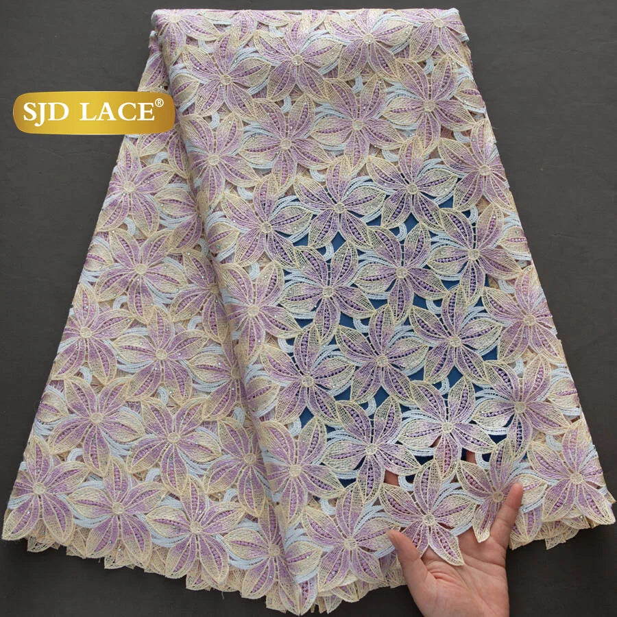 SJD LACE African Guipure Cord Stones Lace Fabric 5 Yards 2026 New Nigerian Water Soluble Lace For Women Wedding Party Dress 3844