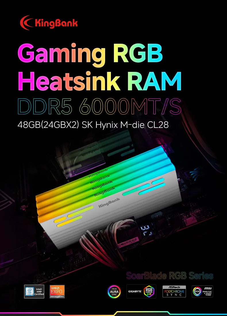 KingBank SoarBlade KFRW DDR5 RGB Series 24GBx2 6000MHz Kit UDIMM Dual Channel Computer Desktop PC Hynix M die CL28
