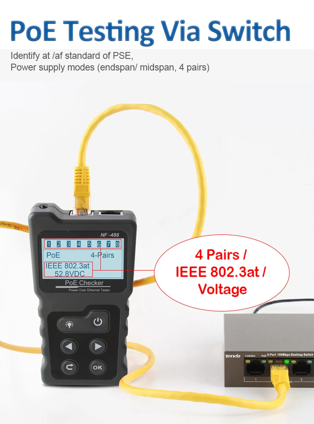 NOYAFA NF-488 Network Cable Tester PoE Switch Online Test PoE Voltage Polarity Cable Tracker Loop Test Tool with LCD Display