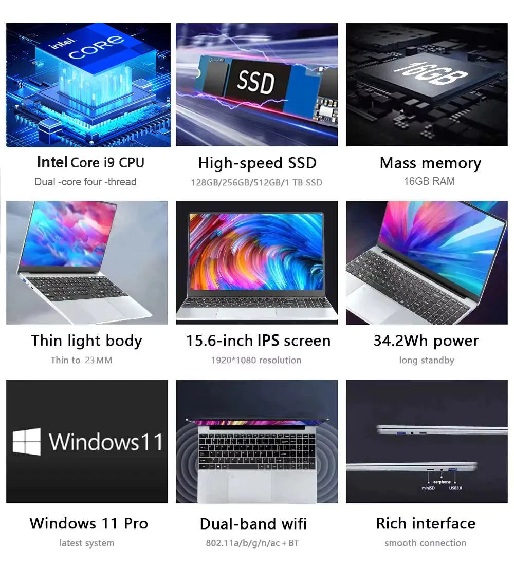 15.6 inch Portable Laptop Fingerprint Unlock Notebook 16GB 1TB Windows 11 Gaming Laptops Computer Intel i9-10980HK Notebook PC