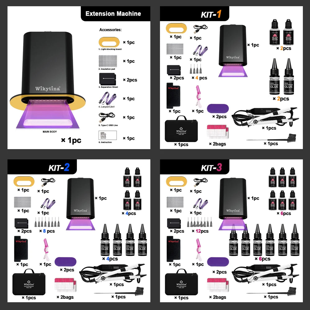 2026 UV Light Hair Extension Tool set Complete Kit with Strong Adhesive Glue And Remover Machine for V-Light Hair Extension tool