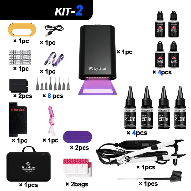 2026 UV Light Hair Extension Tool set Complete Kit with Strong Adhesive Glue And Remover Machine for V-Light Hair Extension tool