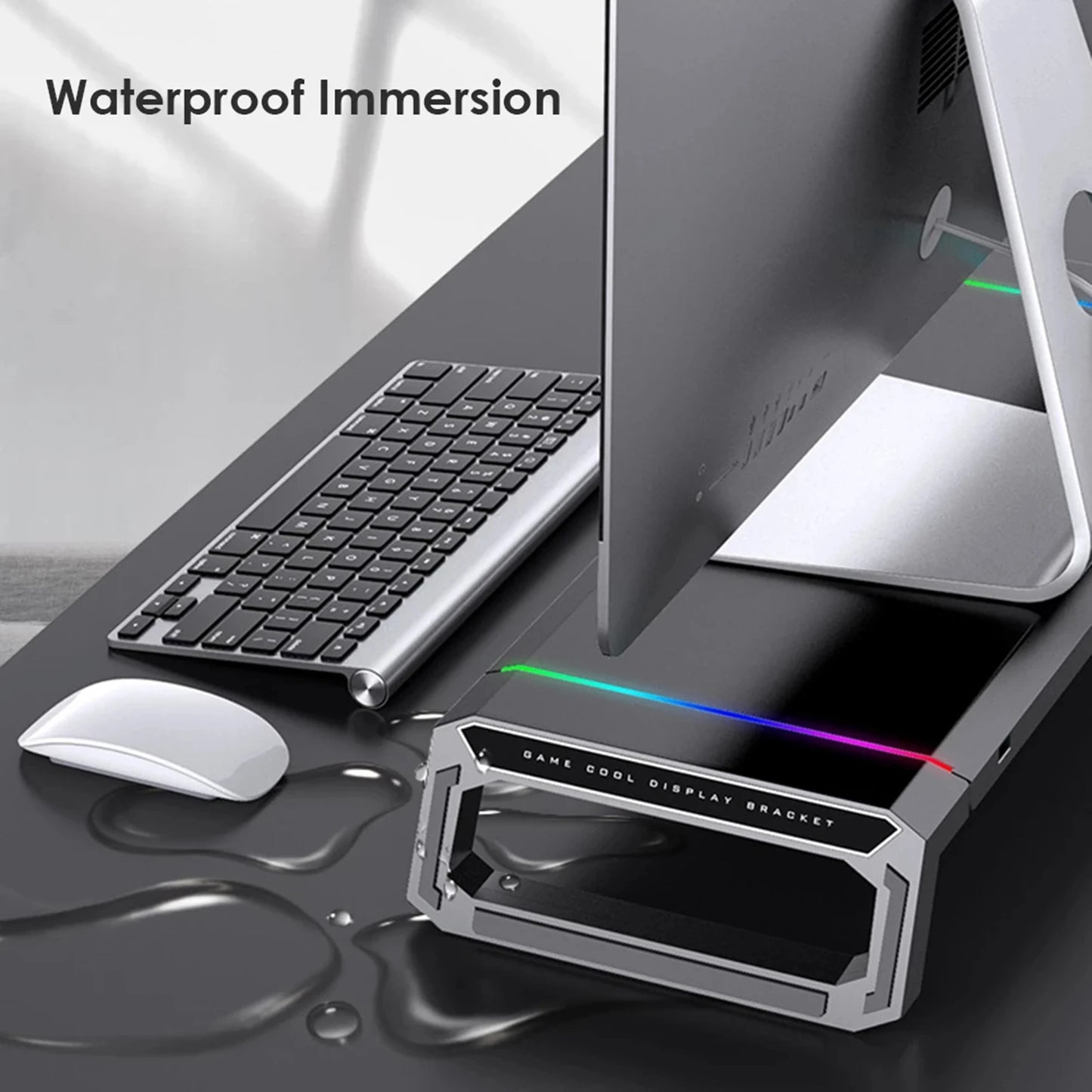 Aluminum RGB Monitor Stand Riser Bracket with 4 USB Ports Desk Organizer All-In-One Computer Laptop Height Stand Holder