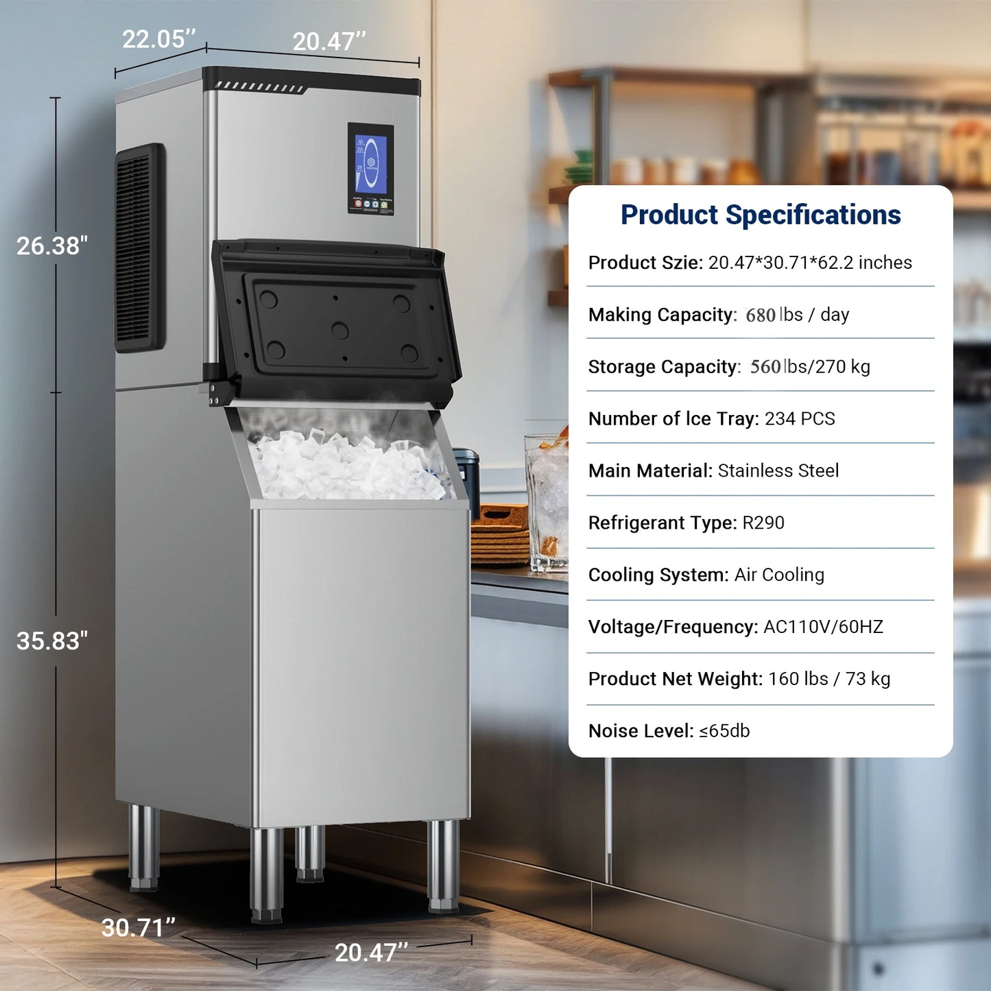 Commercial Ice Maker Machine 680 LBS/24h with Large Storage Bin 234 Ice Ready in 8-12 Min Self-Cleaning Commercial Ice Maker