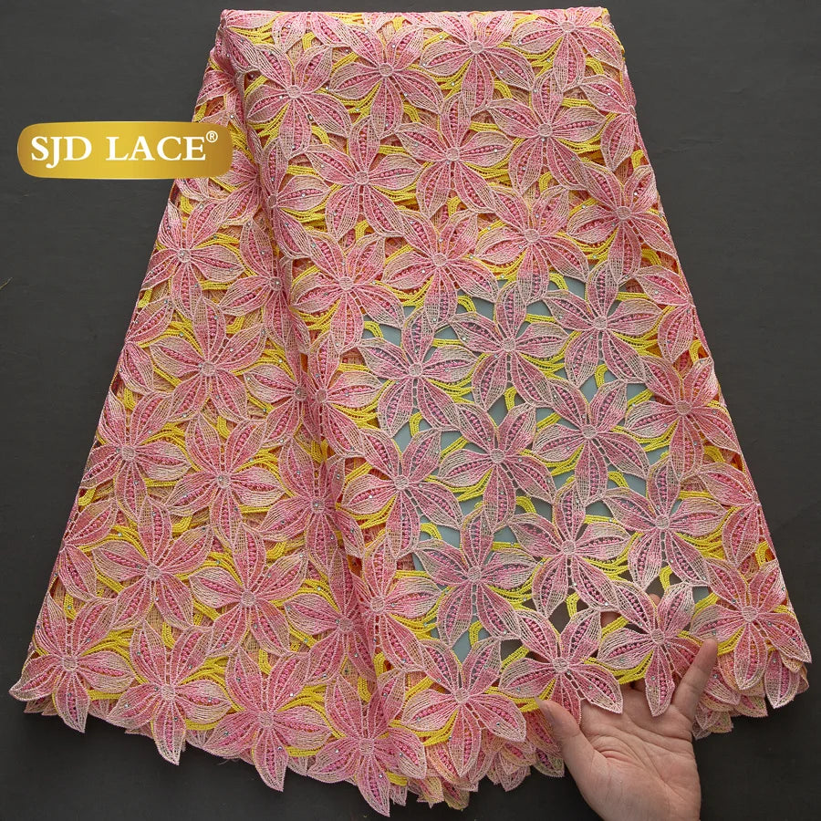 SJD LACE African Guipure Cord Stones Lace Fabric 5 Yards 2026 New Nigerian Water Soluble Lace For Women Wedding Party Dress 3844